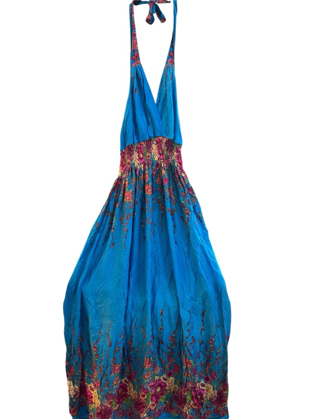 Bohemian Deep V Halter Maxi Dress, Royal Blue with VIBRANT Floral Design, - Picture 4 of 7
